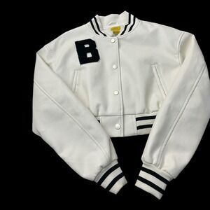 Daisy Small Faux Leather Cropped Varsity Jacket Women's Sports White New